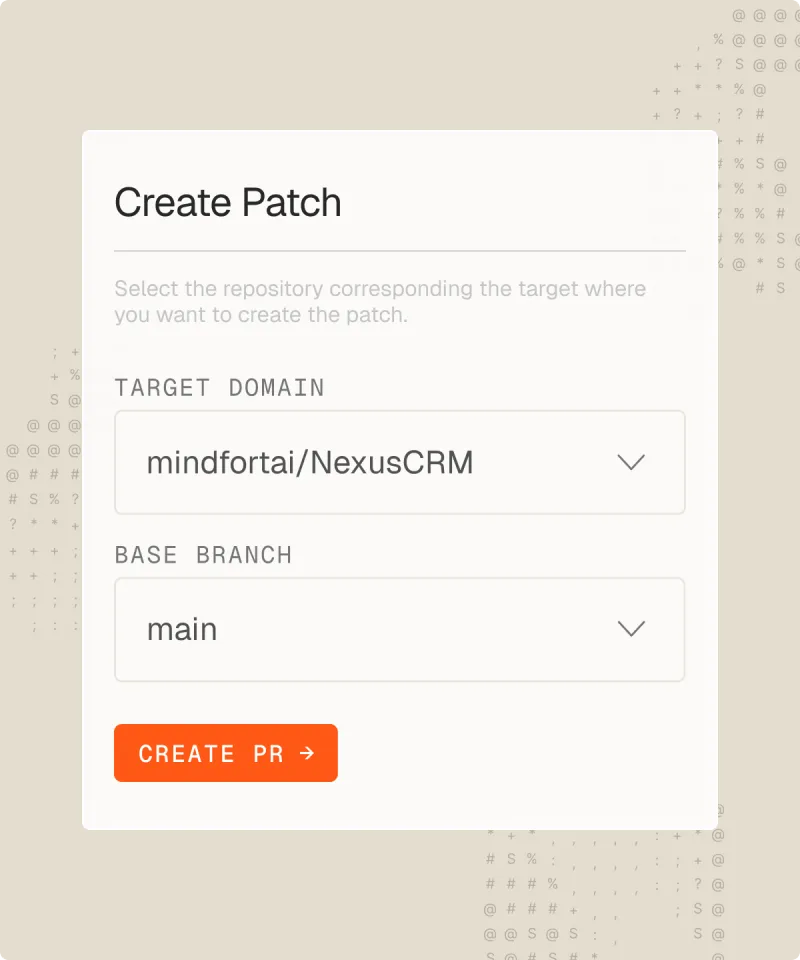 Create Patch form selecting a repository and branch to generate a pull request fix