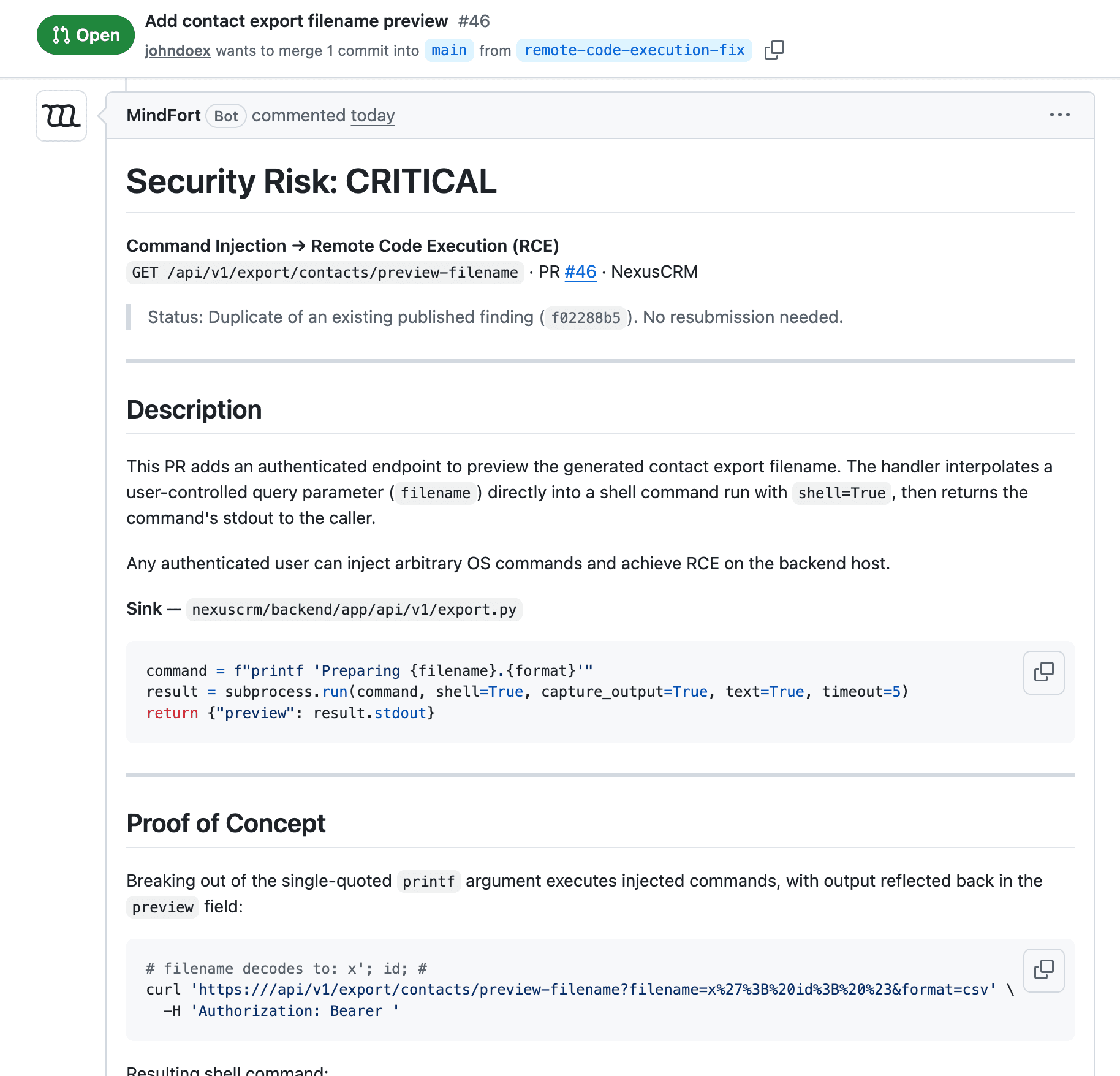 Pull request with an automated security review summary posted as a comment