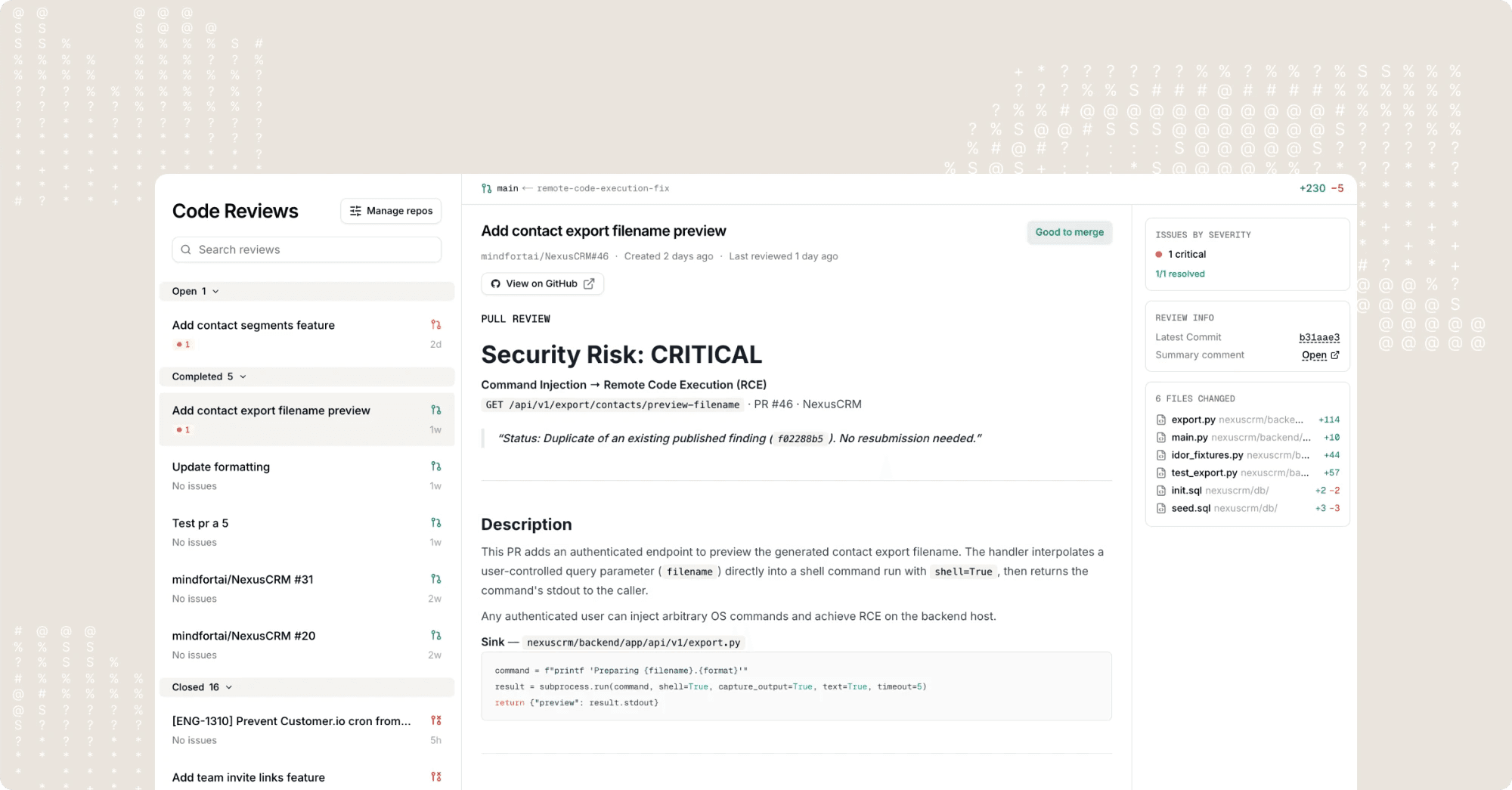 MindFort Code Reviews dashboard showing a pull request flagged with a critical command-injection to remote-code-execution finding.