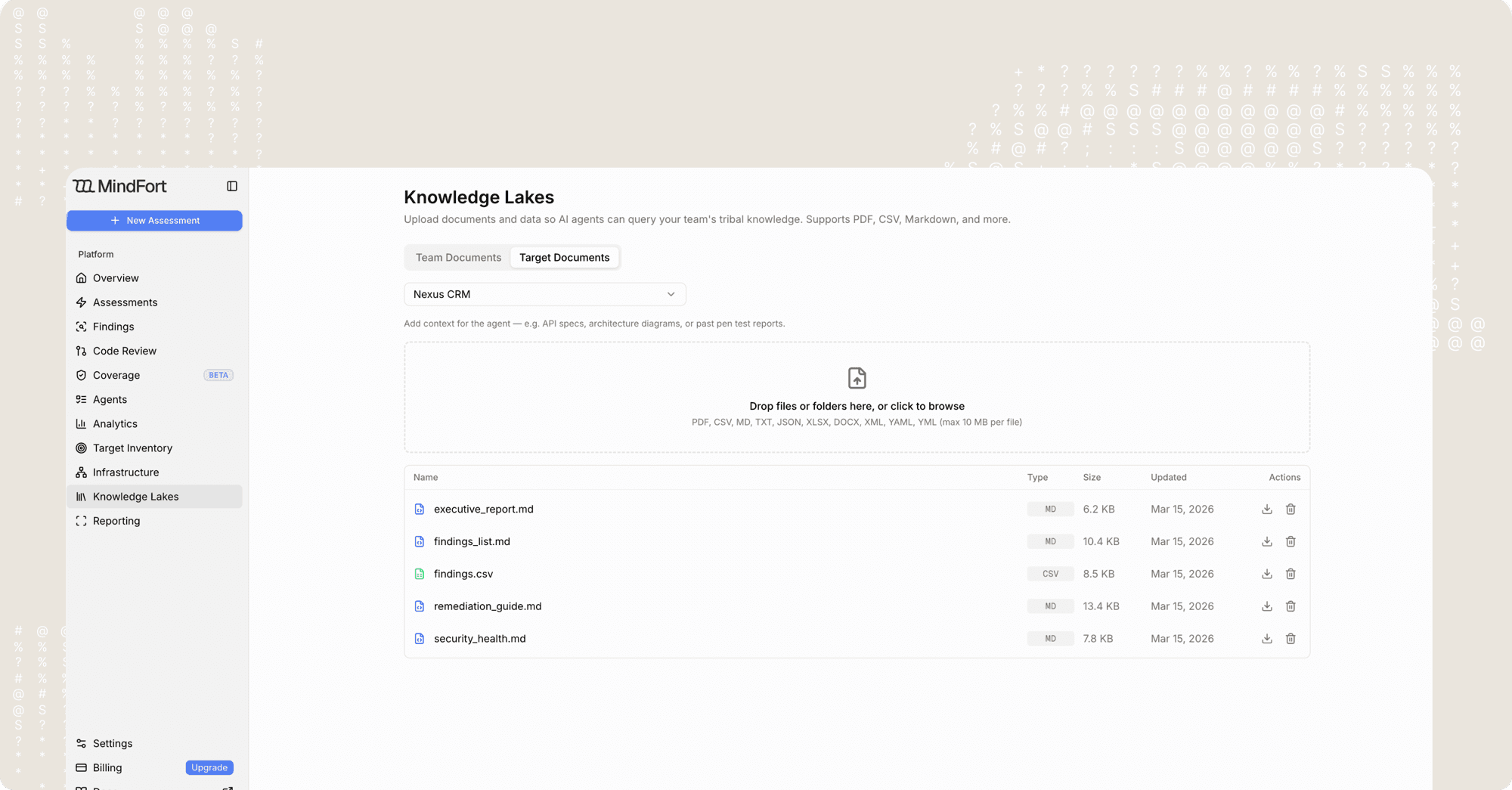 MindFort Knowledge Lakes view showing target documents uploaded for an agent to query, including reports and remediation guides.