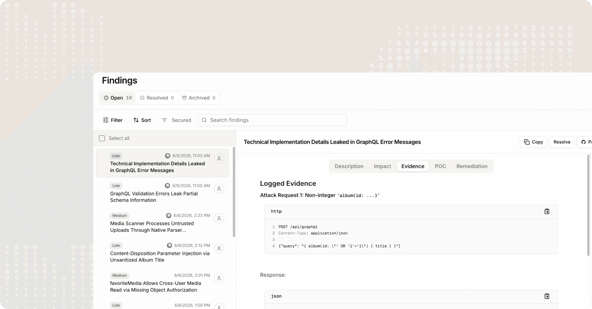MindFort Findings dashboard showing logged evidence for a GraphQL information-disclosure vulnerability, with the attack request and response.