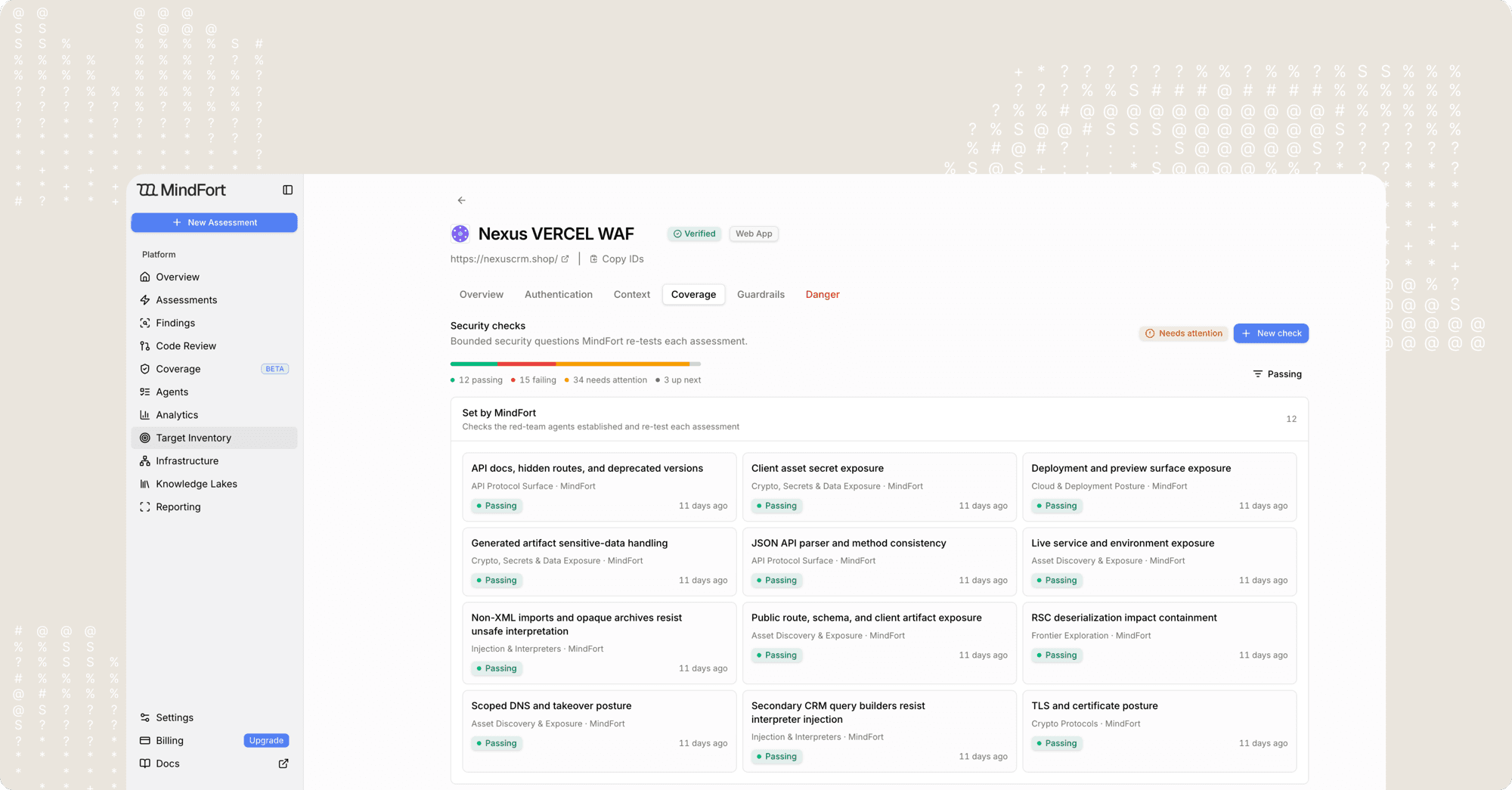 MindFort Coverage view showing security checks for a target, each with a passing status and the date it was last re-tested.
