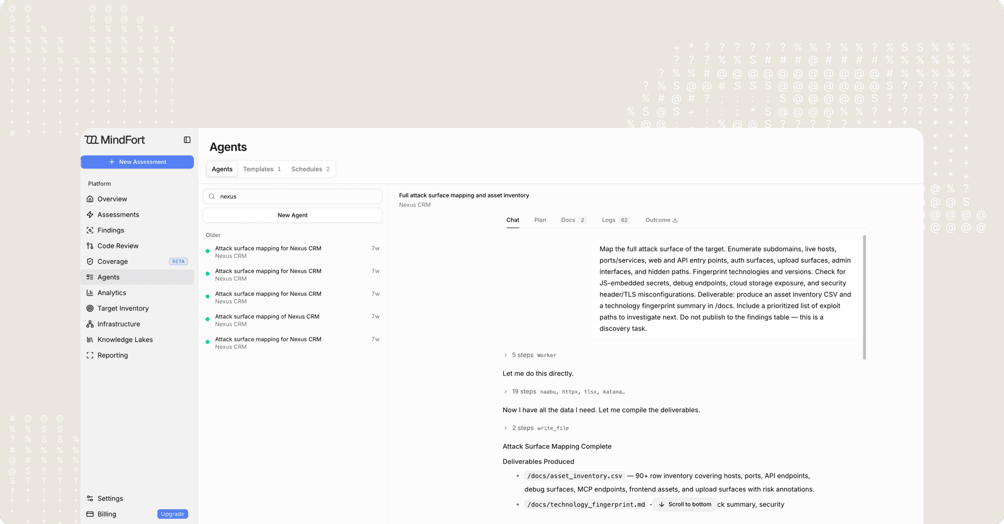 MindFort Agents view showing a custom attack-surface-mapping task, its chat transcript, and the deliverables the agent produced.