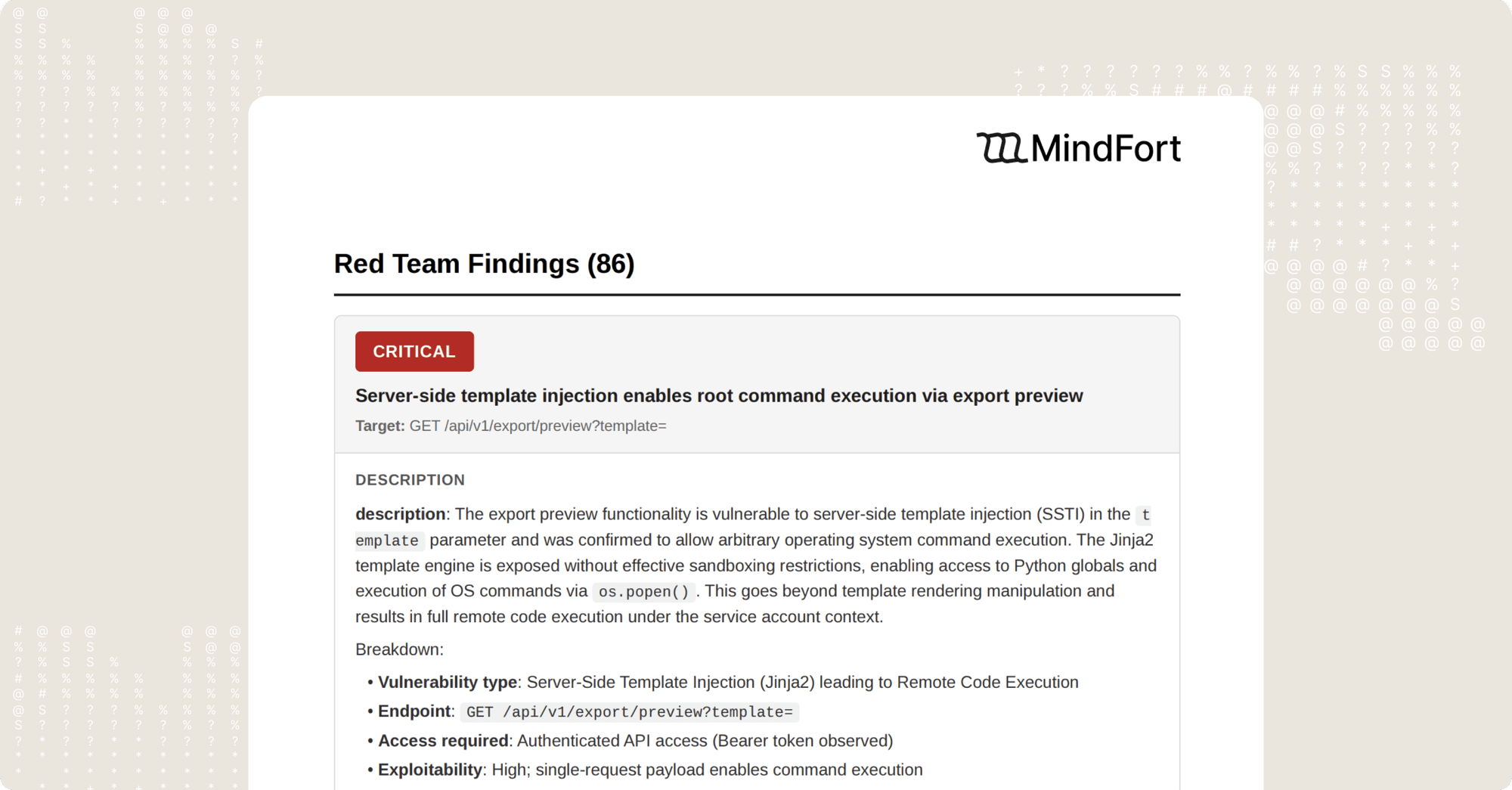 MindFort red team findings report showing a critical server-side template injection finding with its target endpoint and description.