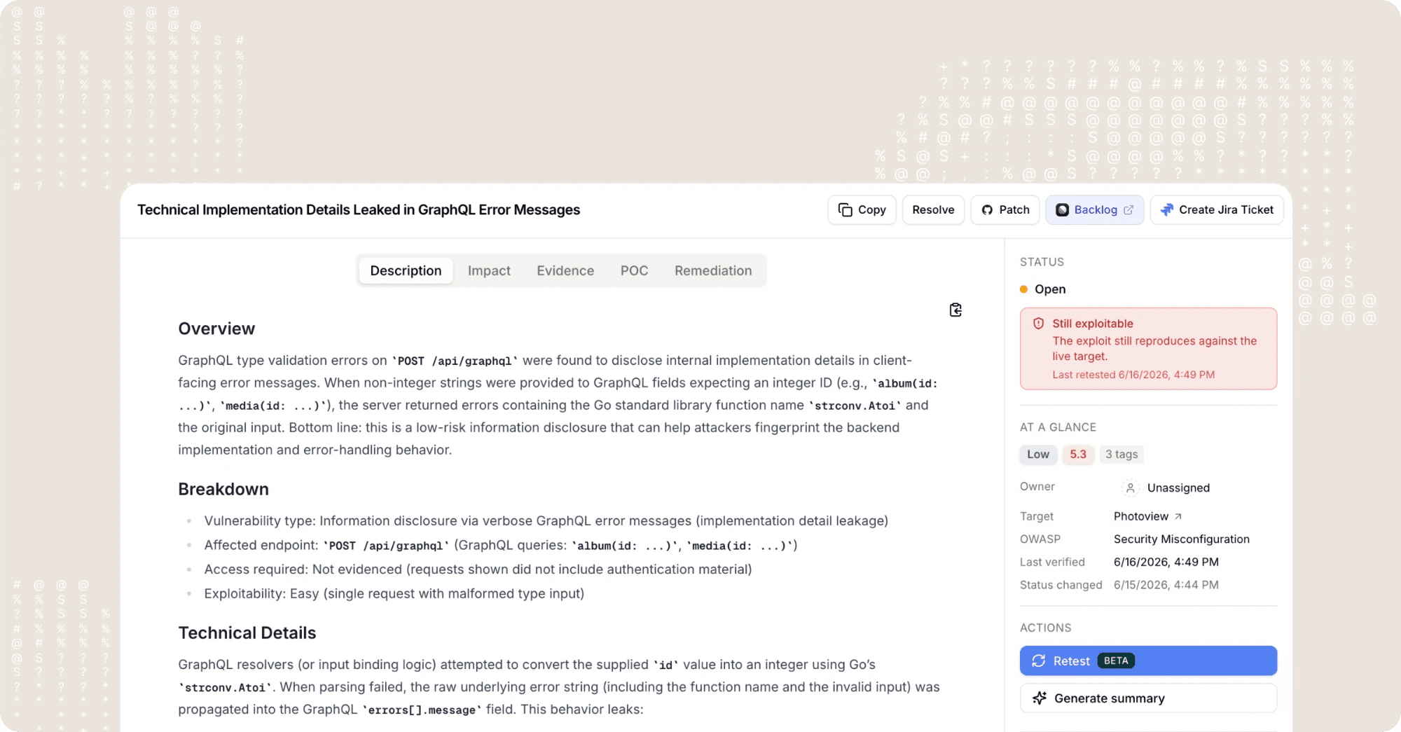 MindFort finding detail showing severity, status, and triage metadata for a GraphQL information-disclosure vulnerability.