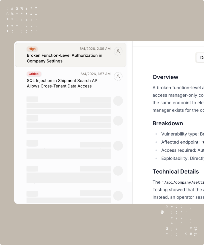 Findings dashboard listing severity-tagged vulnerabilities discovered by the agents
