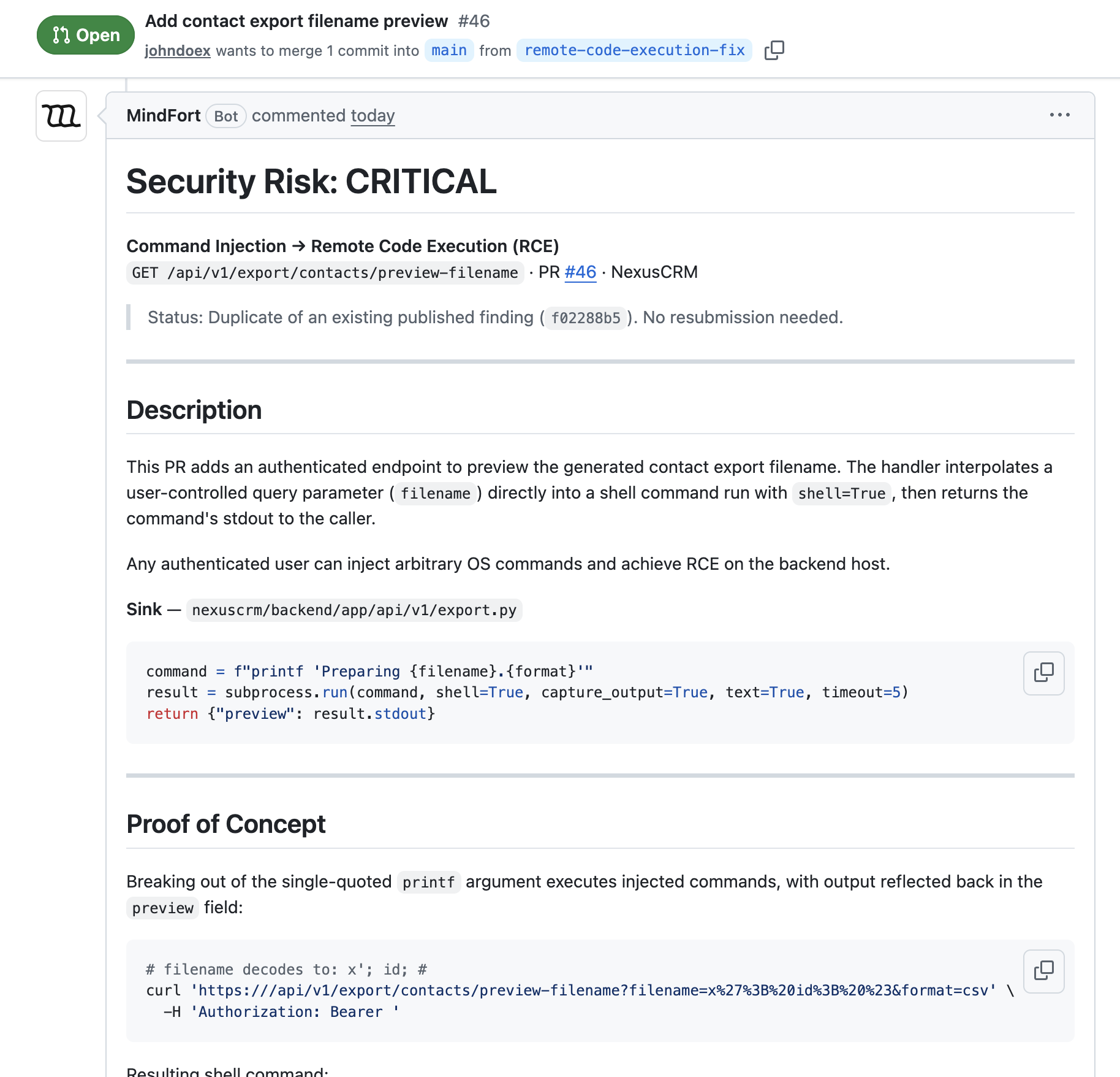 Pull request with an automated security review summary posted as a comment