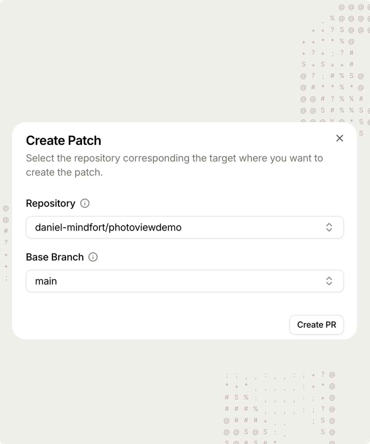 Create Patch form selecting a repository and base branch to generate a pull request fix